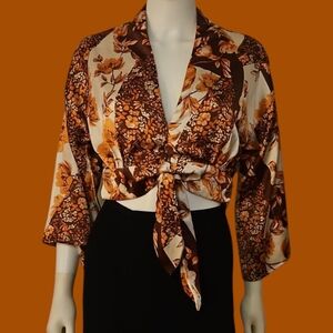 Vtg FOREVER 21 Floral Satin Tie-Front Deep V Crop Top